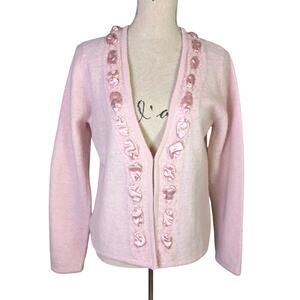 Y2K DressBarn Petite Pink Beaded Wool Cardigan Coquette Fairycore